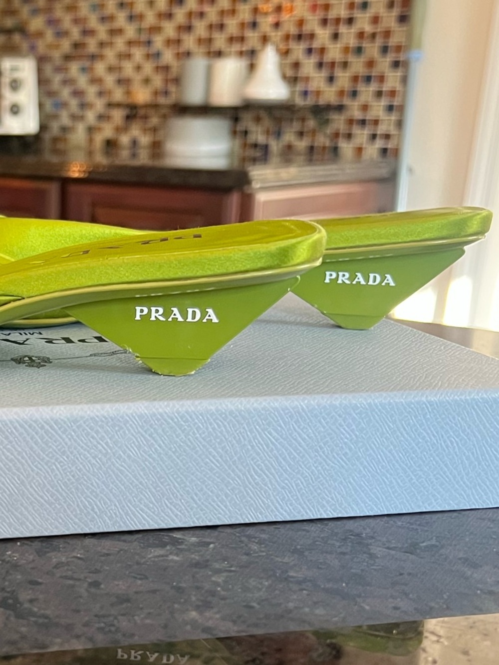 Prada Green Satin Square-Toe Kitten Heel Mules - Picture 7 of 7